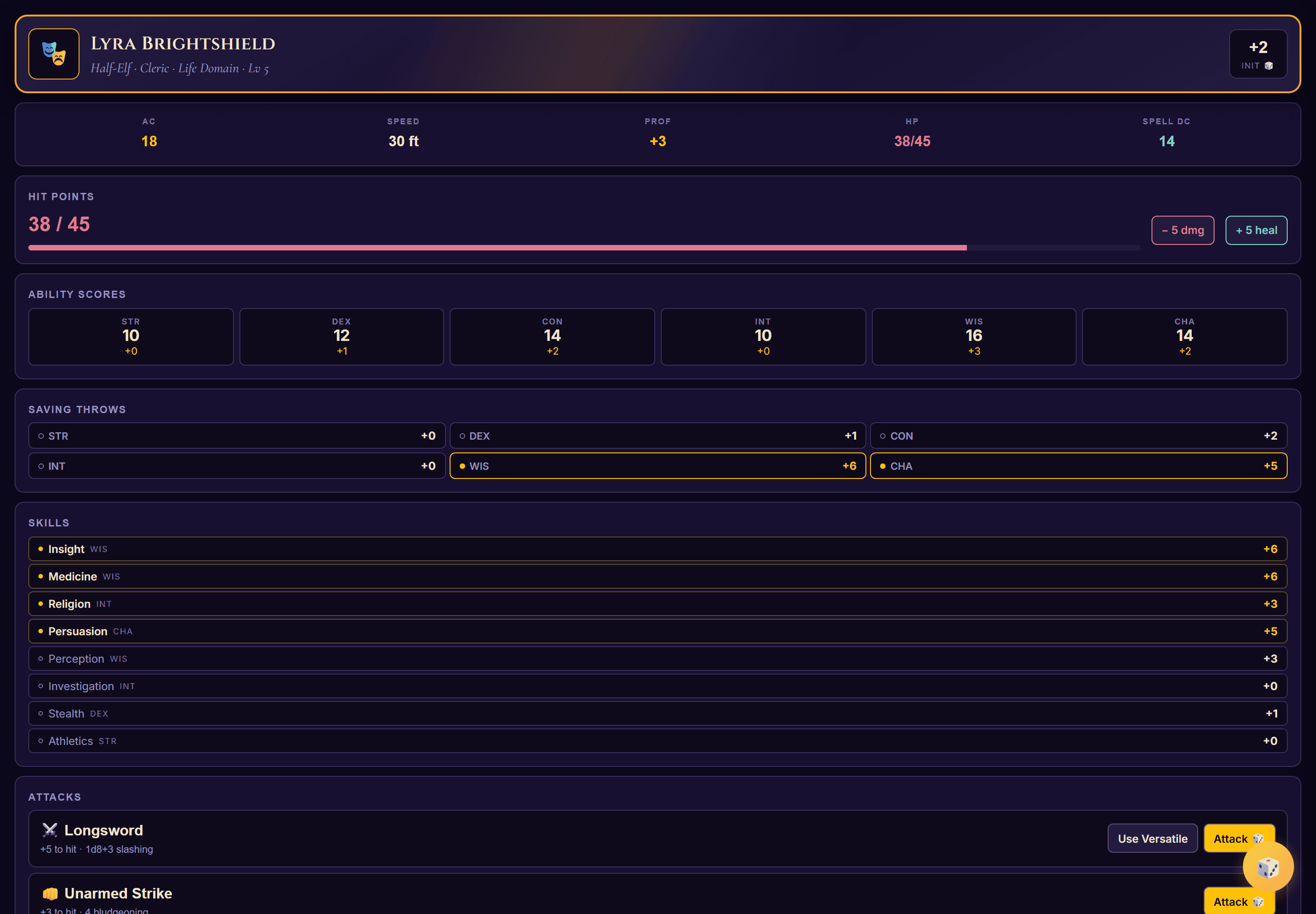Tavern character sheet with stats, saves, skills, and attacks